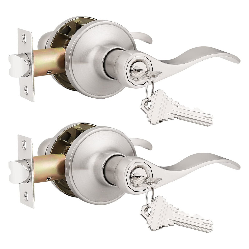 Probrico (2 Pack Keyed Alike Entry Door Lever [Lock With 3 Combo Keys] Locking Door Handle For Office Or Front Door Satin Nickel Finish Wave Entrance 6941154080354