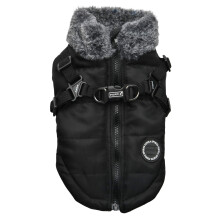 Puppia Donavan Winter Dog Coat with Integrated Harness No Pull Cold Weather Waterproof Warm Fleece Back Zipper for Small & Medium Dog  Black  X-Large