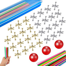 ZeeDix 90pcs Pick Up Sticks with 3 Sets Retro Metal Jacks Kit- Include 3 Pcs Red Rubber Balls and 30 Pcs Gold and Silver Metal Jacks Classic Fun