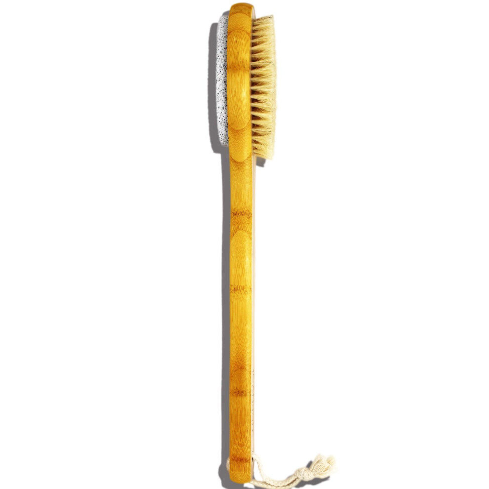 Icandoit 2 In 1 Long Handle Bath&Shower Brush Bath Scrubber Boar Bristle With Pumice Stone Exfoliate & Soften Skin Dry Brushing Body Brush For Celluli