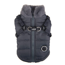 Puppia Donavan Winter Dog Coat with Integrated Harness No Pull Cold Weather Waterproof Warm Fleece Back Zipper for Small & Medium Dog Grey Medium