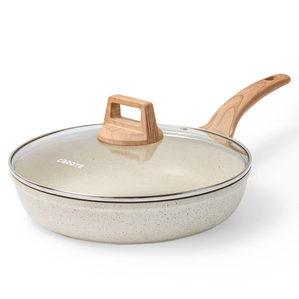 CAROTE Nonstick Frying Pan Skillet 8 Non Stick Granite Fry Pan with Glass Lid  Egg Pan Omelet Pans  Stone Cookware Chef's Pan  PFOA Free (White Gran