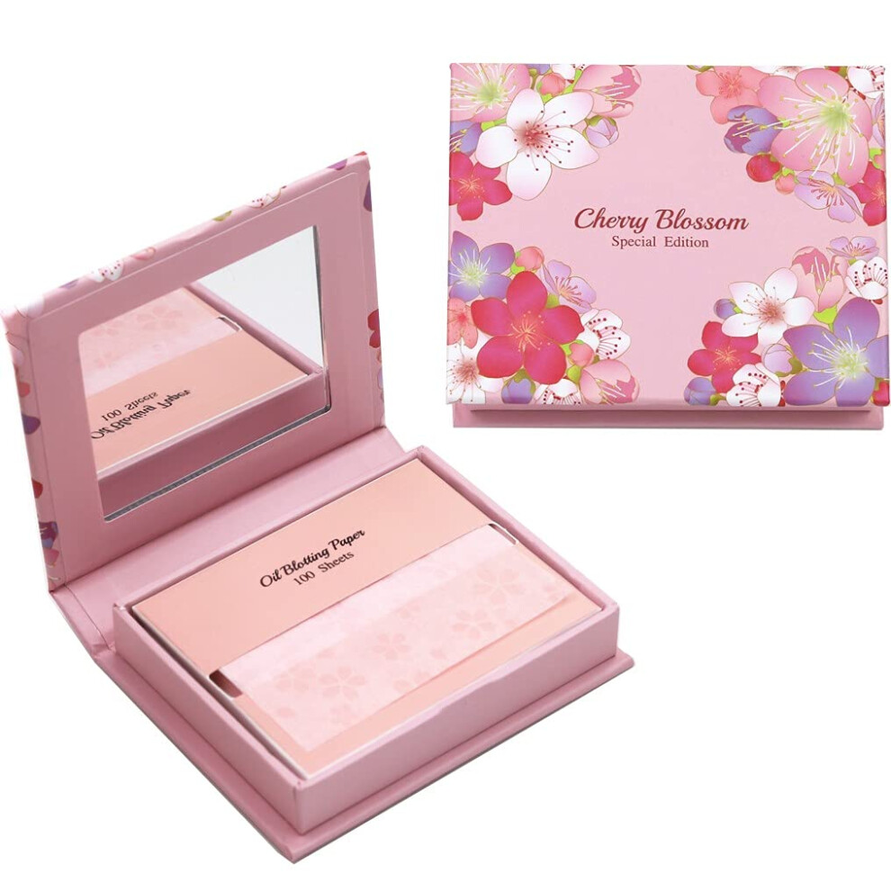 Varuza [400 Counts + Mirror Case] Cherry Blossom Natural Oil Blotting Paper For Face With Mirror Compact And Refills