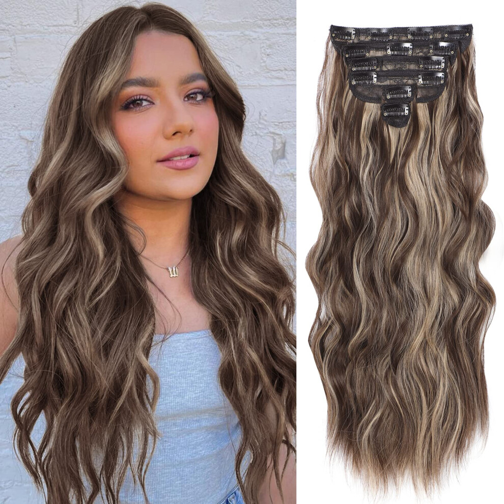 Nayoo Unisex Brown Clip In Hair Extensions For Women 20 Inch Long Wavy Curly Dark Mix Blonde Hair Extension Full Head Synthetic Hair Extension Hairpieces(6Pc