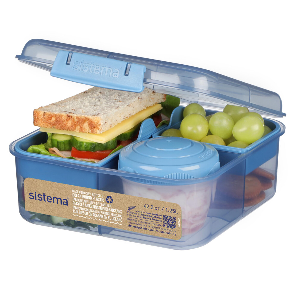 Sistema Ocean Bound Plastic Bento Box Cube | 1.25L Square Lunch Box with Yoghurt/Fruit Pot | BPA-Free Made Using Recycled Plastic | Teal OR Blue (Colo