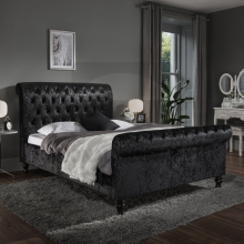 (Small Double-4ft (Without Gas Lift), Black Crushed Velvet) SWAN SLEIGH CRUSHED VELVET OTTOMAN STORAGE BED FRAME WITH 48"HEADBOARD+MATTRESS