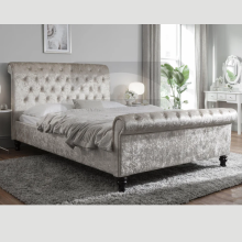 (King-5ft (Without Gas Lift), Silver Crushed Velvet) SWAN SLEIGH CRUSHED VELVET OTTOMAN STORAGE BED FRAME WITH 48"HEADBOARD+MATTRESS