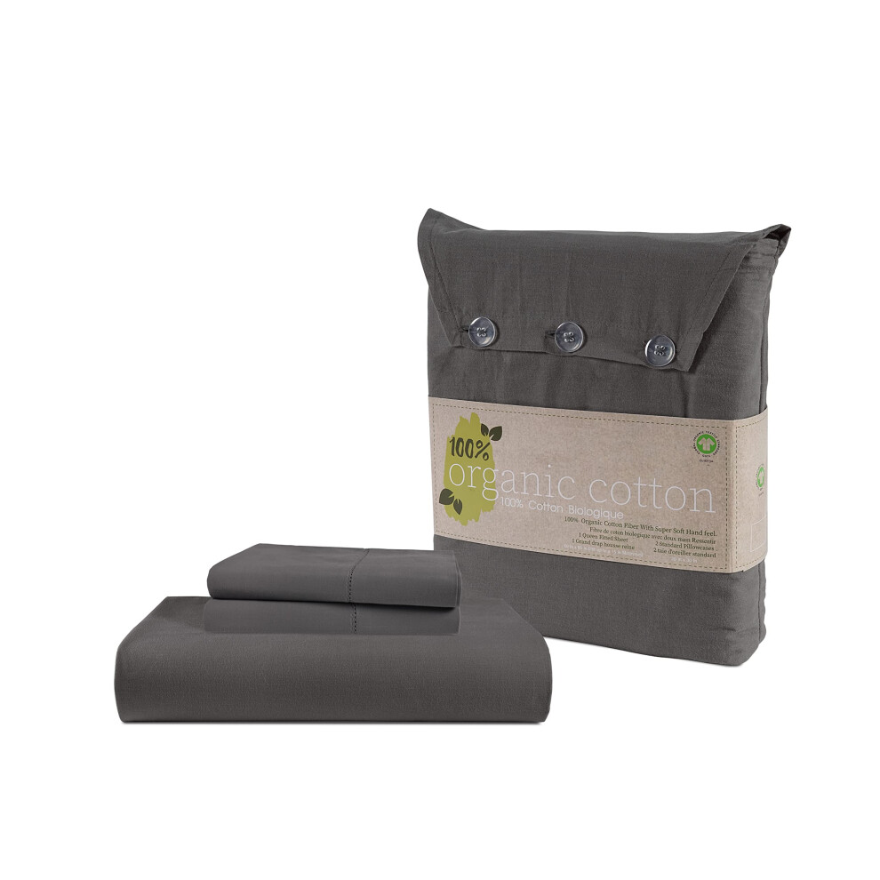 Drap-housse 100 % coton biologique, taille Queen, ensemble 3 pi   ces (1 drap-housse, 2 taies d'oreiller), drap-housse en coton percale ultra doux