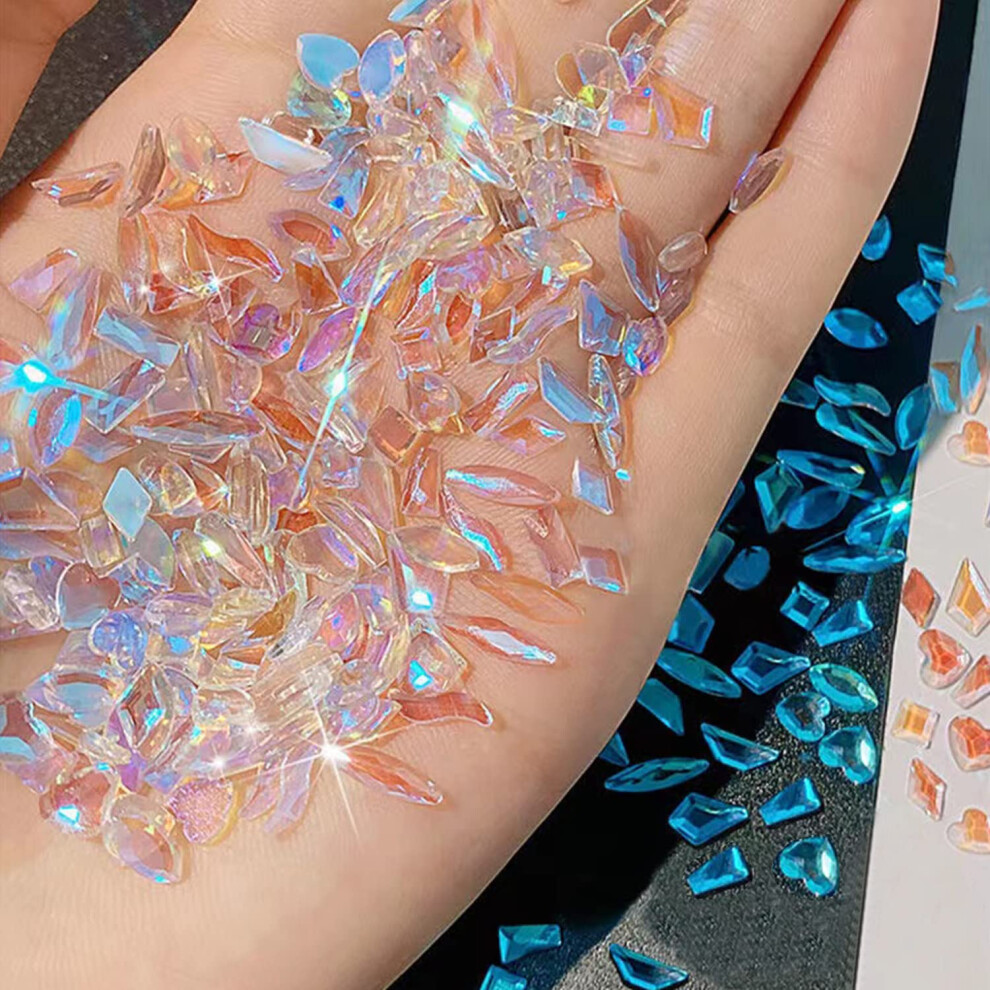 100Pcs Mixed Shape Aurora Glass Crystal Nail Art Rhinestones Nail Gems Iridescent Clear Nude Flatback Rhinestone Diamonds Stone for 3D DIY Nails Art C