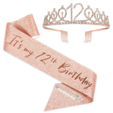 12. Geburtstag Sash und Tiara Set Rose Gold Birthday Birthday Sash Crown Geburtstagsfeier Geflscht Vorrte fr Mdchen Geburtstagsfeier
