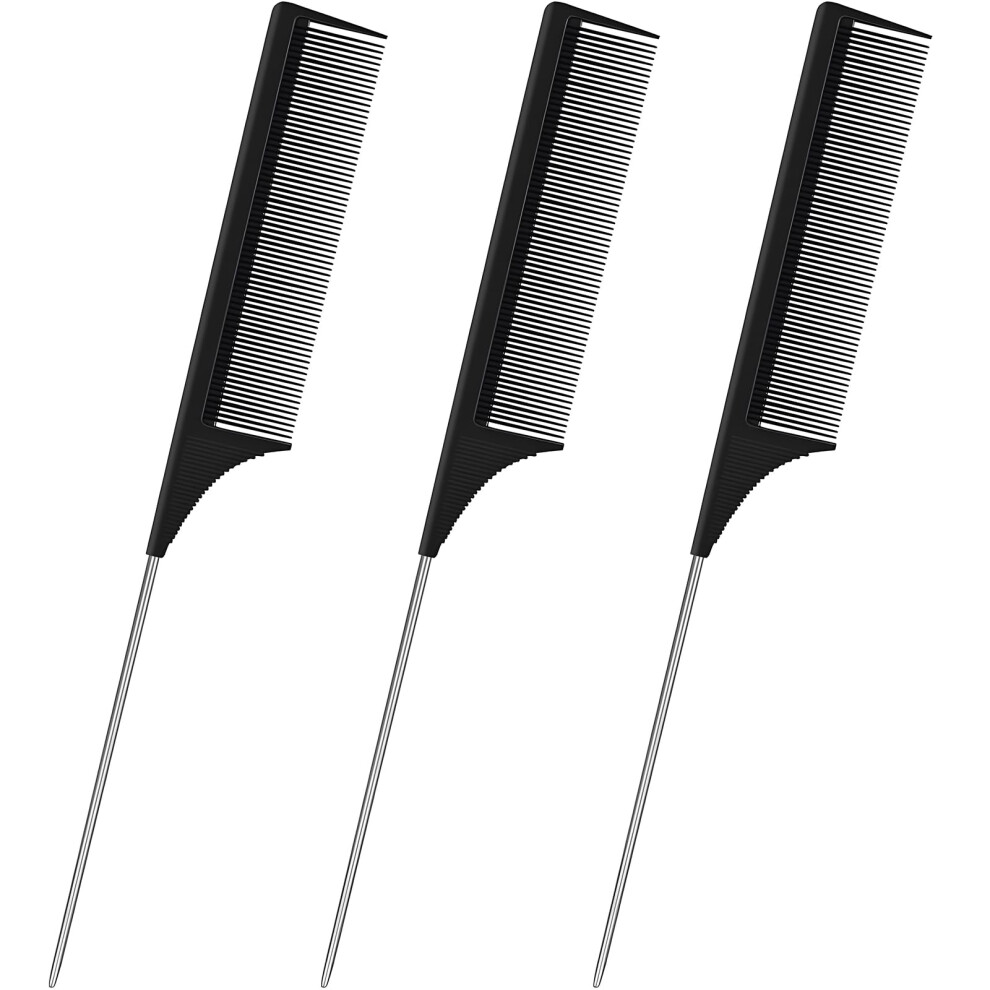 Grimson Unisex Not,Specified 3 Pack Hair Rat Tail Combs Set Parting Rattail Teasing Fine Tooth Comb Metal Hair Pick Detangling Heat Resistant Carbon Fiber Teasing Comb And St