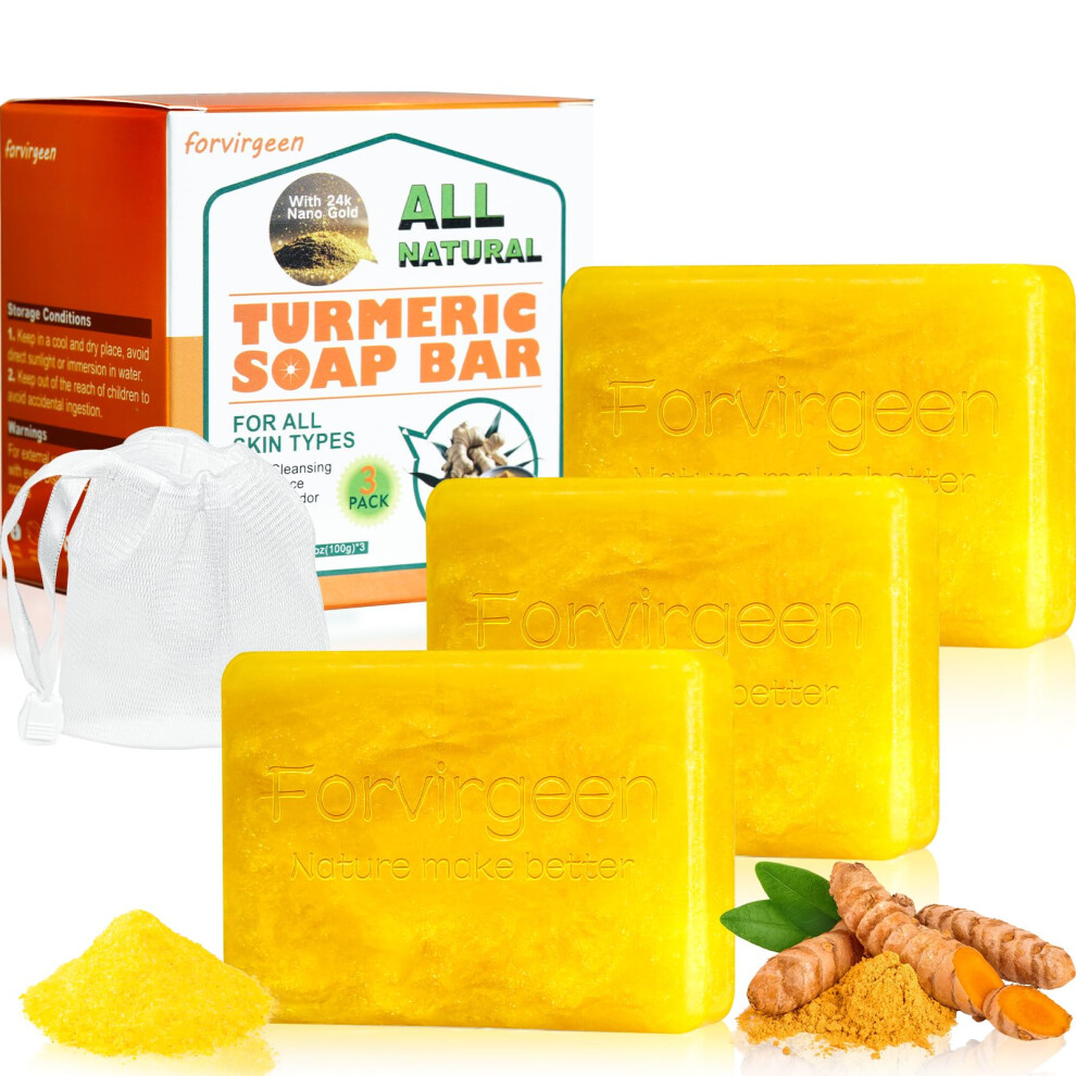 3 PCS Turmeric Soap Bar for Face & Body  All Natural Turmeric Soap with 24k Nano Gold  Handmade Tumeric Soap Bar  24k Gold Soap Bar and Turmeric Face