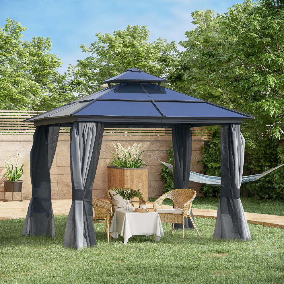 Outsunny 3x3(m) Polycarbonate Hardtop Gazebo w/ Double Roof & Aluminium Frame