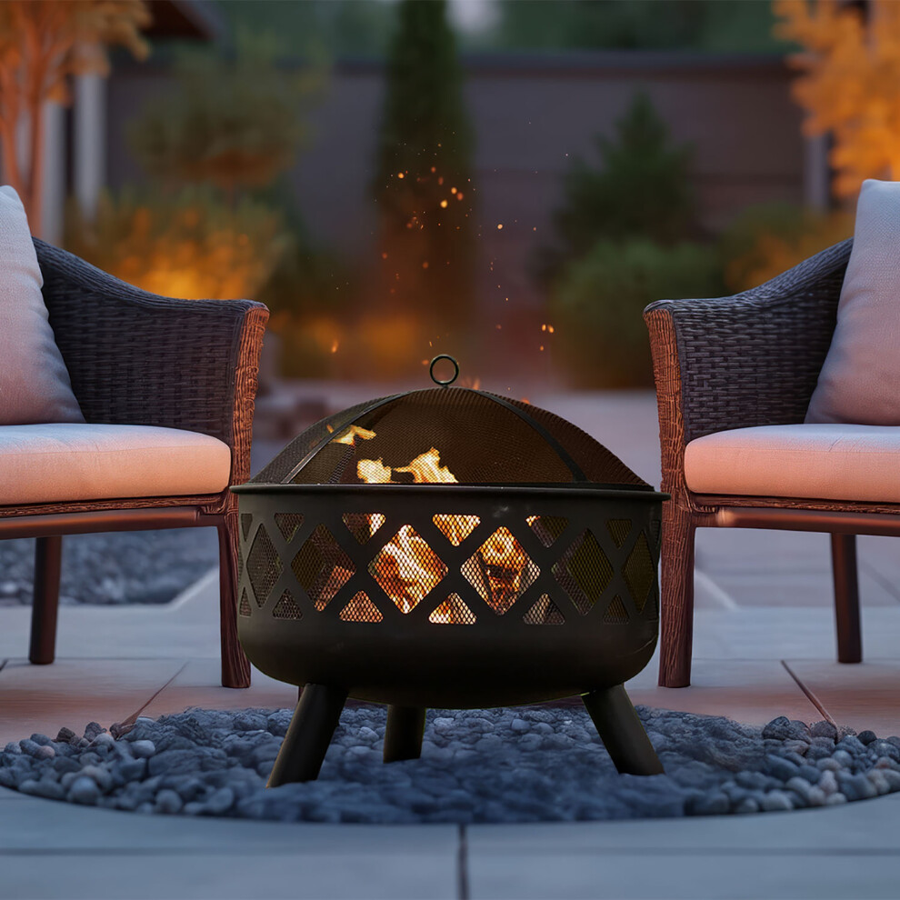 Neo Black Outdoor Heater Fire Pit Bowl Garden Patio Grate Lid Poker BBQ Charcoal Log Wood Burner Bonfire Camping