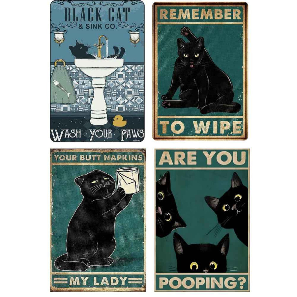 Lot de 4 affiches amusantes en m   tal repr   sentant des chats pour salle de bain | D   coration murale amusante pour toilettes | Affiche de porte |