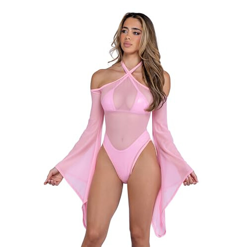 6497 - Sheer Mesh Romper med klokke?rmer 2