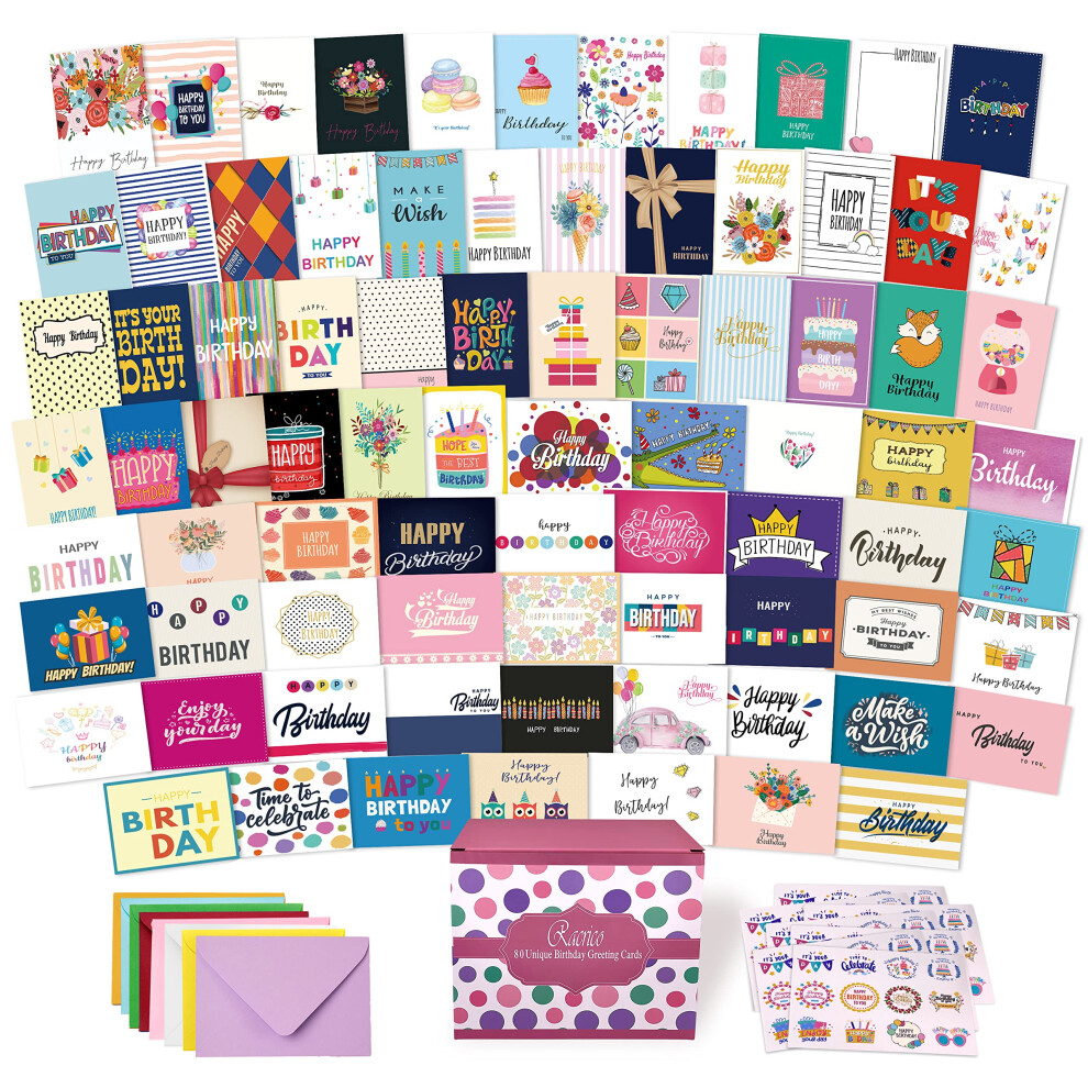 Racrico 80 Unique Birthday Cards- Happy Birthday Cards Bulk With Greetings Inside - Assorted Birthday Cards With Envelopes And Stickers -Large Birthday Cards