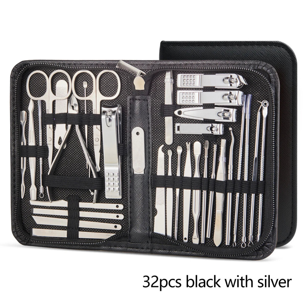 Vchose Black/Silver (32Pcs Silver) Manicure Set Pedicure Nail Clippers Set Professional Grooming Tools