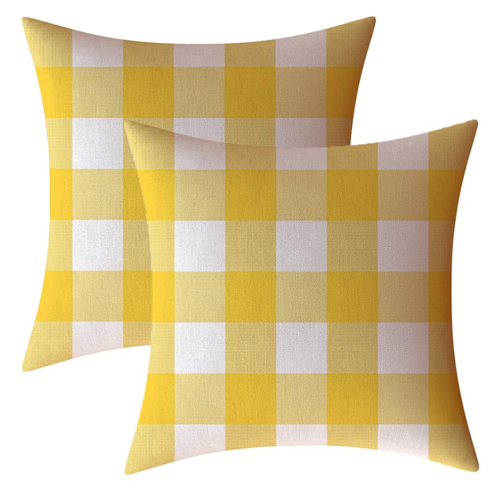 AHAHM Lot de 2 housses de coussin d   coratives     carreaux Buffalo jaune citron et blanc pour int   rieur et ext   rieur, en polyester et lin