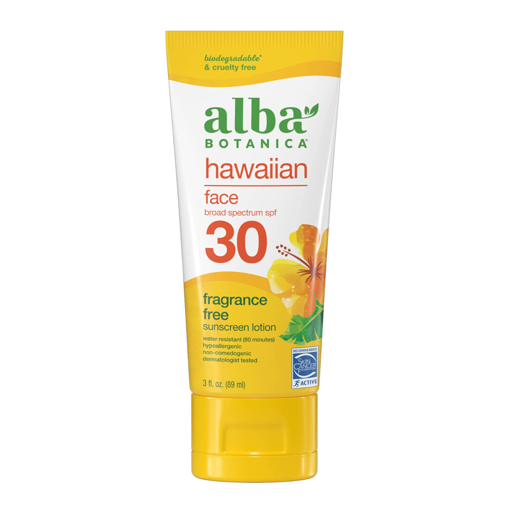 Alba Botanica Sunscreen For Face Fragrance-Free Hawaiian Face Sunscreen Lotion Broad Spectrum Spf 30 Water Resistant And Biodegradable 3 Fl. Oz. B