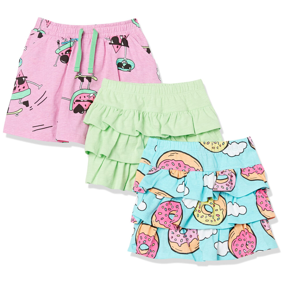 Amazon Essentials Toddler Girls' Knit Ruffle Scooter Skirts (Previously Spotted Zebra)  Pack of 3  Blue Donut/Mint Green/Pink Fruit  2T