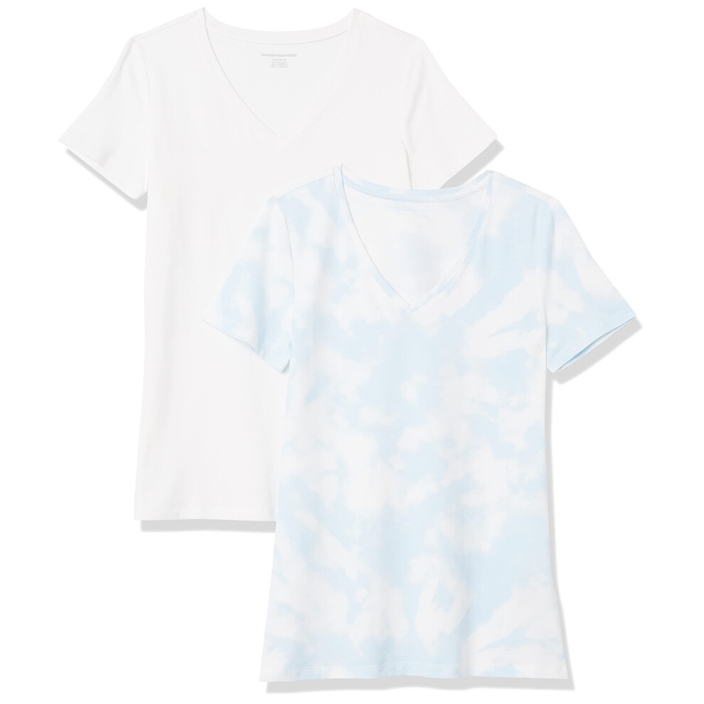 Amazon Essentials Women's Classic-Fit Short-Sleeve V-Neck T-Shirt  Pack of 2  Blue/White  Tie Dye  Small