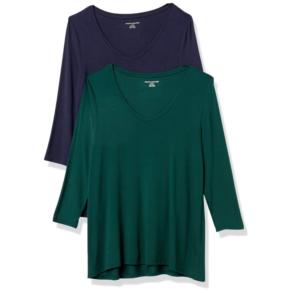 Amazon Essentials Women's 3/4 Sleeve V-Neck Swing T-Shirt (Available in Plus Size)  Pack of 2  Navy/Jade Green  XX-Large