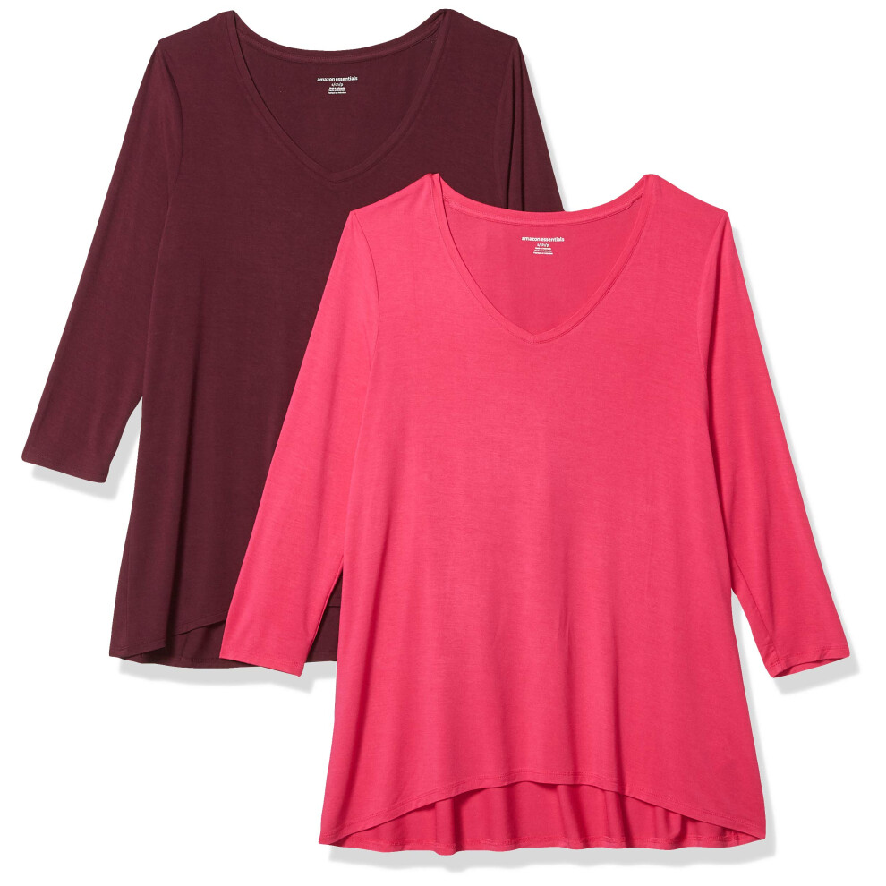 Amazon Essentials Womens 34 Sleeve V-Neck Swing T-Shirt (Available in Plus Size)  Pack of 2  Bright PinkBurgundy  XX-Large