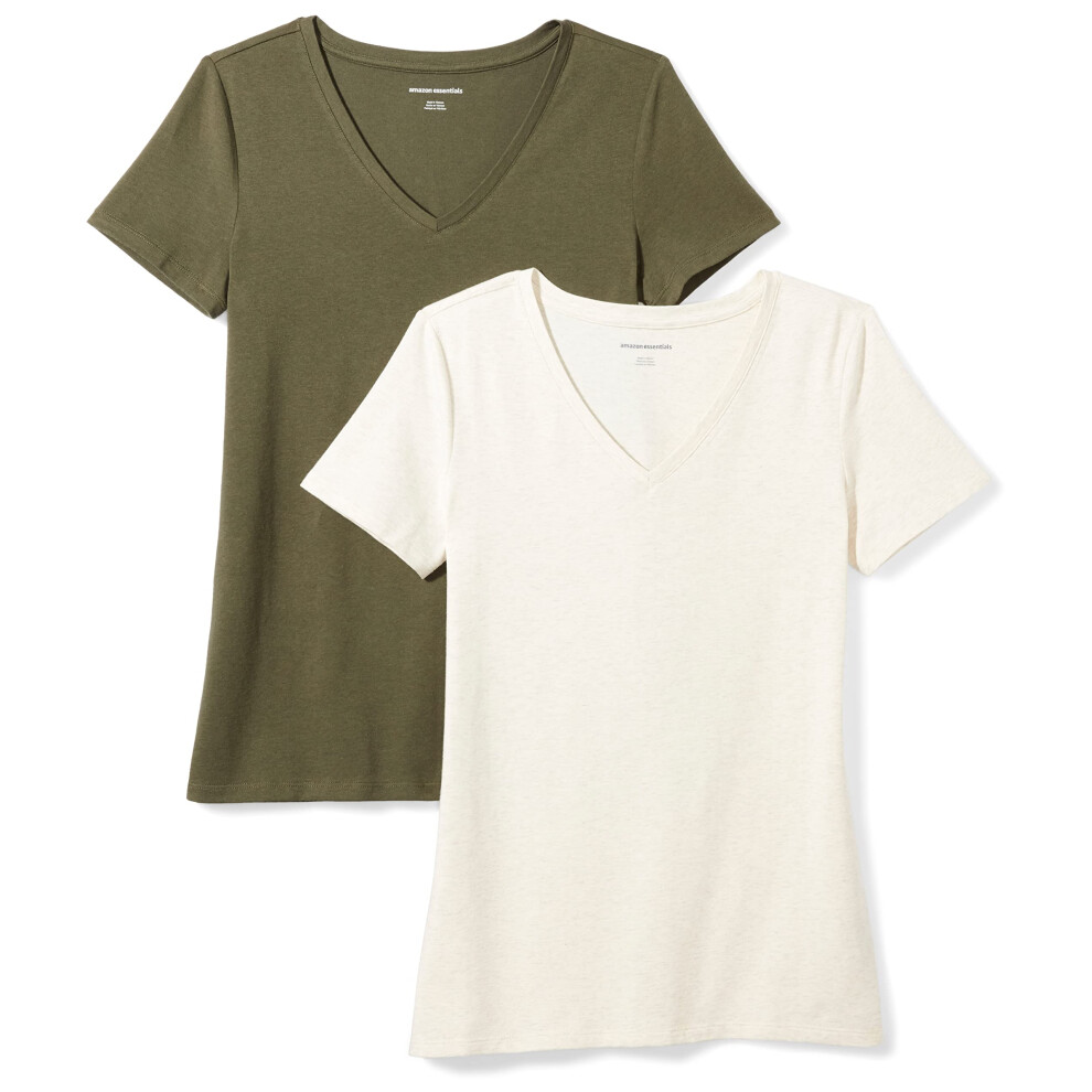 Amazon Essentials Women's Classic-Fit Short-Sleeve V-Neck T-Shirt  Pack of 2  Olive/Oatmeal Heather  Medium