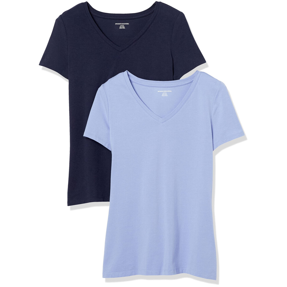 Amazon Essentials Women's Classic-Fit Short-Sleeve V-Neck T-Shirt  Pack of 2  Purple/Navy  Small
