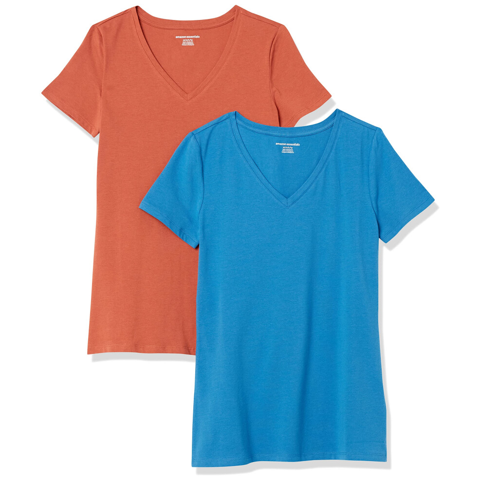 Amazon Essentials Women's Classic-Fit Short-Sleeve V-Neck T-Shirt  Pack of 2  Terracotta/Blue  X-Small