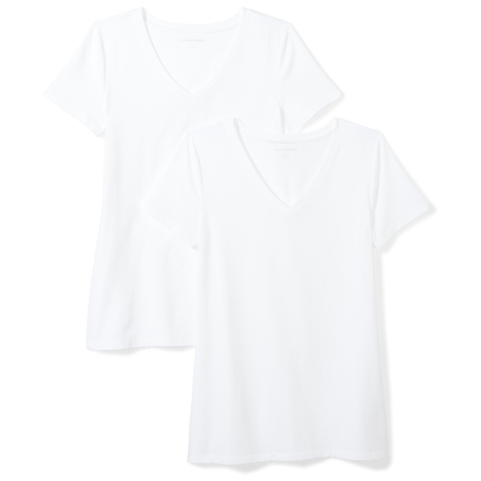 Amazon Essentials Women's Classic-Fit Short-Sleeve V-Neck T-Shirt  Pack of 2  White  Large