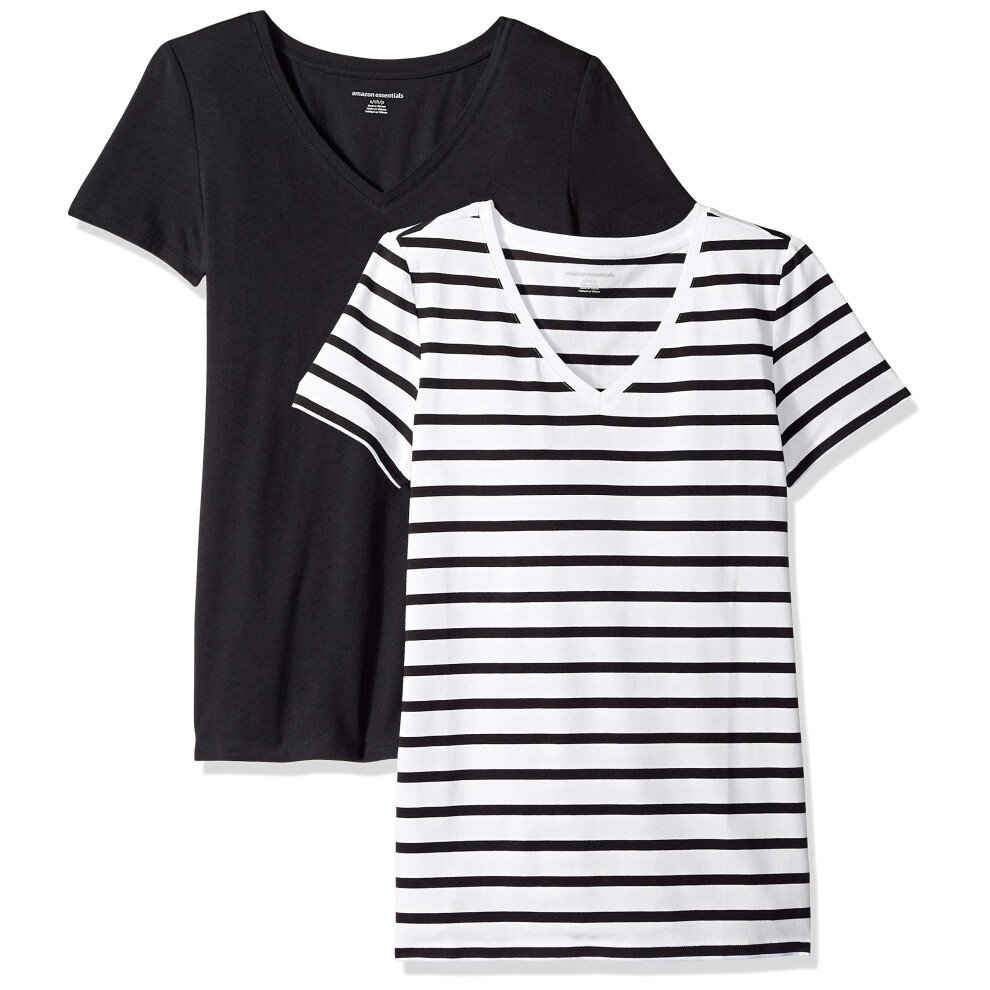 Amazon Essentials Women's Classic-Fit Short-Sleeve V-Neck T-Shirt  Pack of 2  White/Black  Stripe  Small