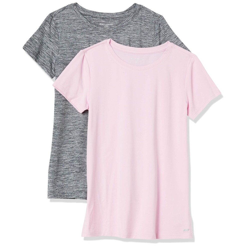 Amazon Essentials Womens Tech Stretch Short-Sleeve crewneck T-Shirt (Available in Plus Size)  Pack of 2  grey Space DyeLight Pink  X-Small
