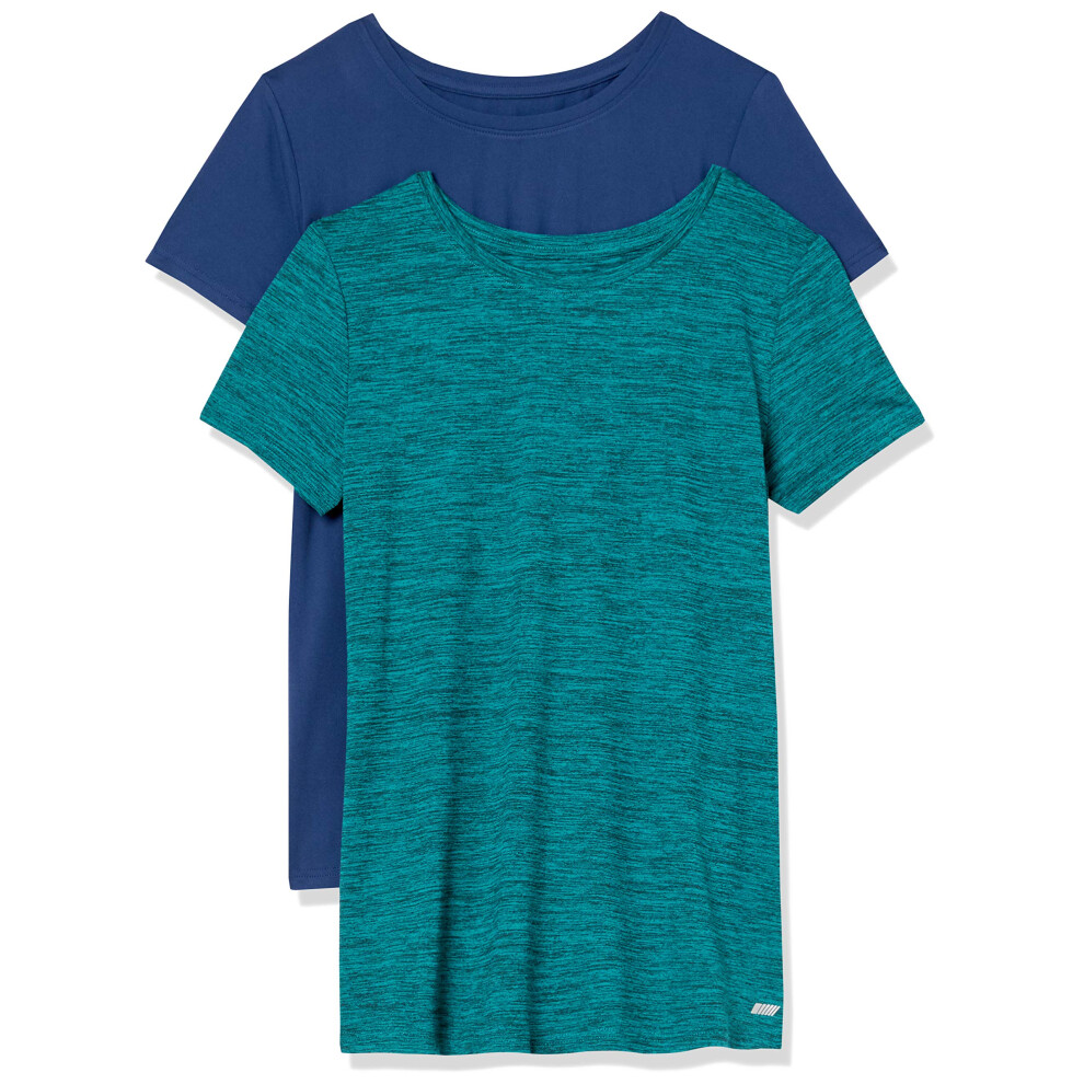 Amazon Essentials Women's Tech Stretch Short-Sleeve Crewneck T-Shirt (Available in Plus Size)  Pack of 2  Teal Blue/Navy  Space Dye  X-Small