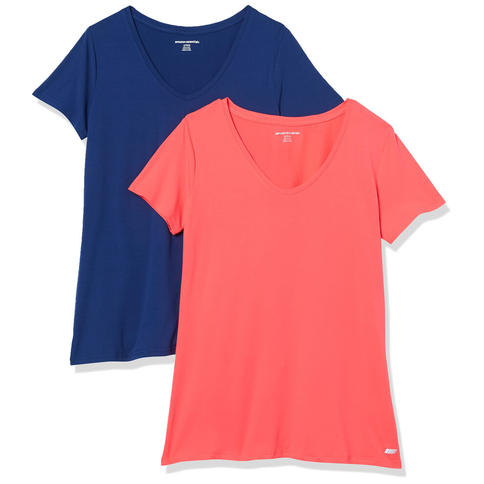 Amazon Essentials Women's Tech Stretch Short-Sleeve V-Neck T-Shirt (Available in Plus Size)  Pack of 2  Bright Pink/Navy  X-Small