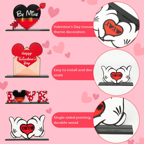 Andi Cppss 4PCS Mouse Amor Coração Centro de Mesa Madeira, Decoração de Mesa Signo Amor 2