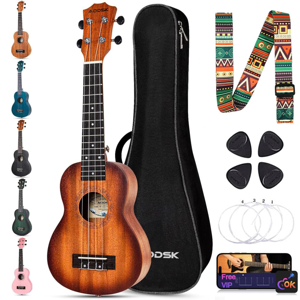 Aodsk Ukulele Soprano Per Principianti - Ukulele Hawaiano Da 21 Pollici Per Bambini Adulti E Studenti Con Borsa Da Concerto, Corde, Kit Tutto In Uno (61 Pollici Sapele Ukulele) (Sunburst)-image