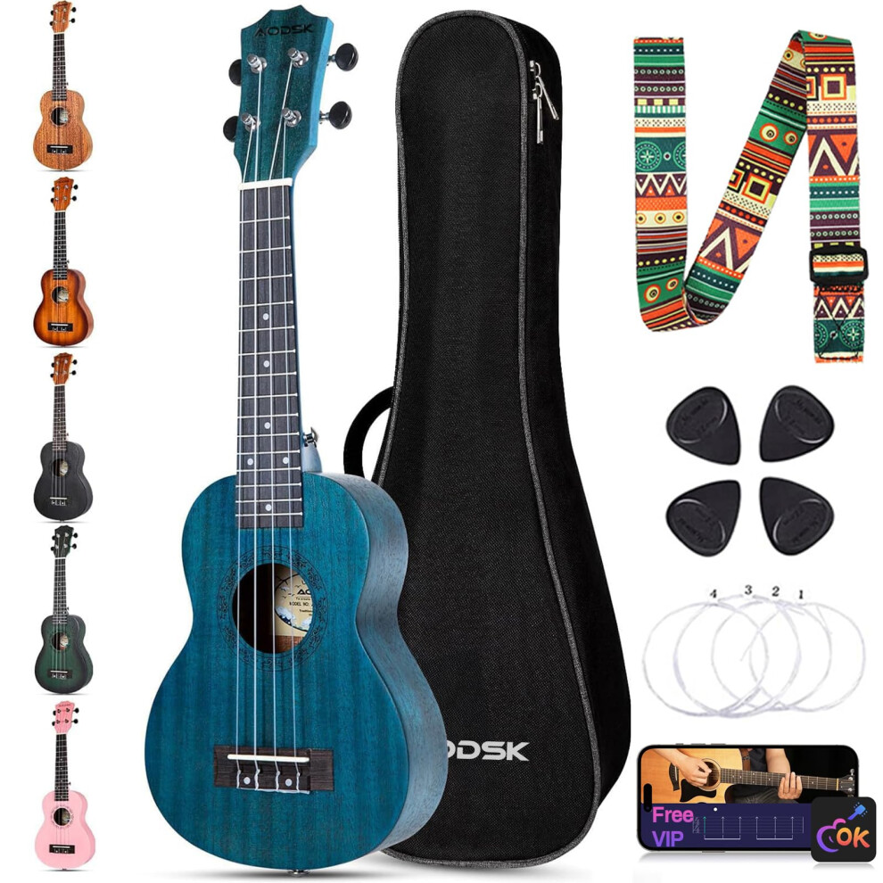 Aodsk Set Di Ukulele Soprano Per Principianti, Ukulele Hawaiano Da 53 Cm, Per Bambini, Adulti, Studenti, Con Custodia, Corde, Kit Tutto In Uno (Ukulele Sapele Da 53 Cm) (Blu)