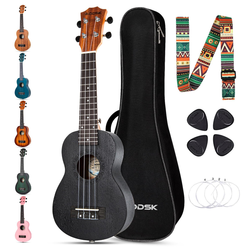 Aodsk Ukulele Soprano Per Principianti - Ukulele Hawaiano Da 21 Pollici Per Bambini Adulti E Studenti Con Borsa Da Concerto, Corde, Kit Tutto In Uno (61 Pollici Sapele Ukulele) (Nero)-image