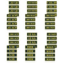Set di adesivi in vinile per munizioni Aolamegs, etichette decalcomania 9 mm, 5,56 mm, 7,62 mm, calibro 12, calibro .22 mm, calibro .223 mm, cali