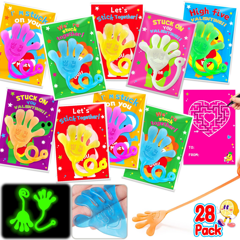 Armaytoy 28Pack Glow In Dark Sticky Hands Toys With Valentines Greeting Cards For Kids Valentines Party Favors Classroom Exchange Gifts School Supplie-image-OPC-PGBVWFS-NEW