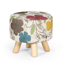 Asense Kleiner runder Ottoman-Fu hocker, gepolsterte Sitzfl che aus Leinen, Fu hocker, Ottomane mit rutschfesten Holzbeinen (Blumenleinen)