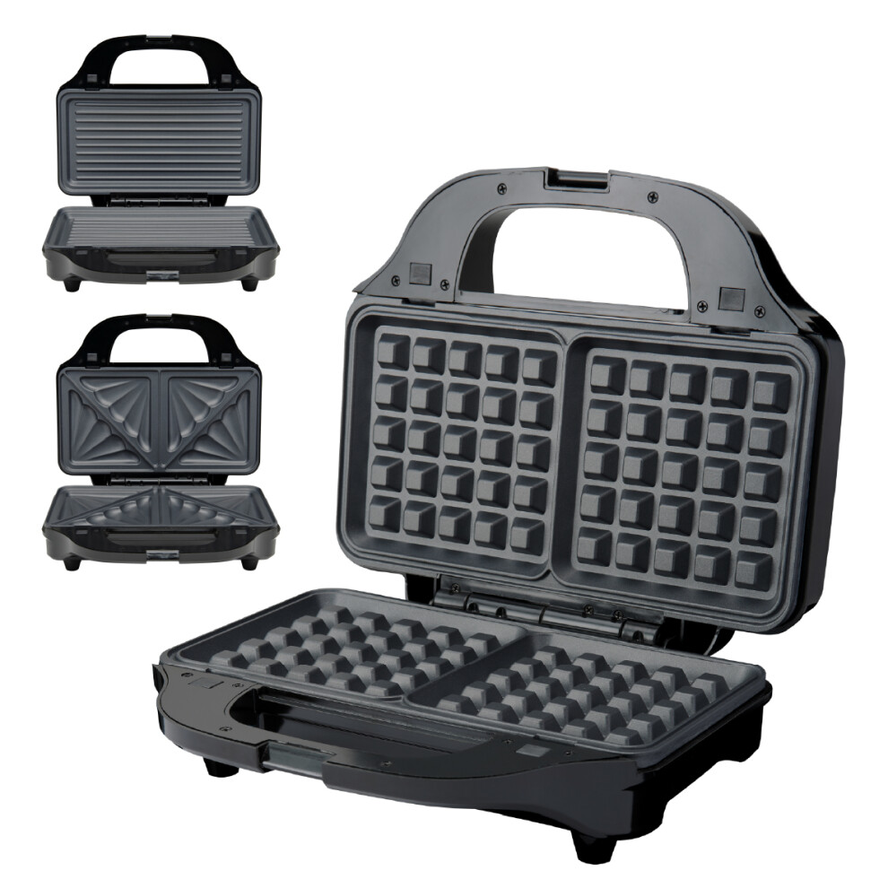 Quest 3-in-1 Waffle Maker, Sandwich Toaster & Panini Press / Easily Changeable Non-Stick Plates / Auto Temperature Control / 900W