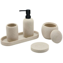 Beige Resin Bathroom Accessory Set 5 Pcs Bathroom Accessories Set with Lotion Dispenser Soap Dish Toothbrush Holder Vanity Tray Qtip Holder Disp