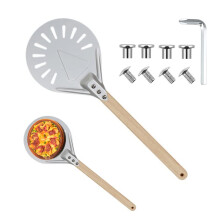 BetterJonny Round Perforated Pizza Peel with Detachable Wood Handle  Aluminum Turning Peel Pizza Paddle Metal Non-slip Perforated Pizza Paddle for Bak