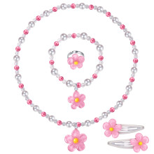 BGSHEMNI Girls Flower Jewelry Set - Toddler Dress up 5 Piece Pretend Plasy Toy Jewelry Box Set with Bead Necklace Bracelet Ring and Hair Clips - Play