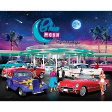 Bits and Pieces - 1000 Piece Jigsaw Puzzle for Adults - Blue Moon Drive in - 50's Diner Movie Theater Car Jigsaw Puzzle by Artist Chris Dobrowols