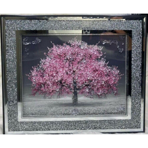 Biznest CRUSHED CRYSTAL SILVER BLOSSOM TREE MODERN 3D GLITTER LIQUID ART CRUSH FRAME PICTURE WALL ART 55x45cm