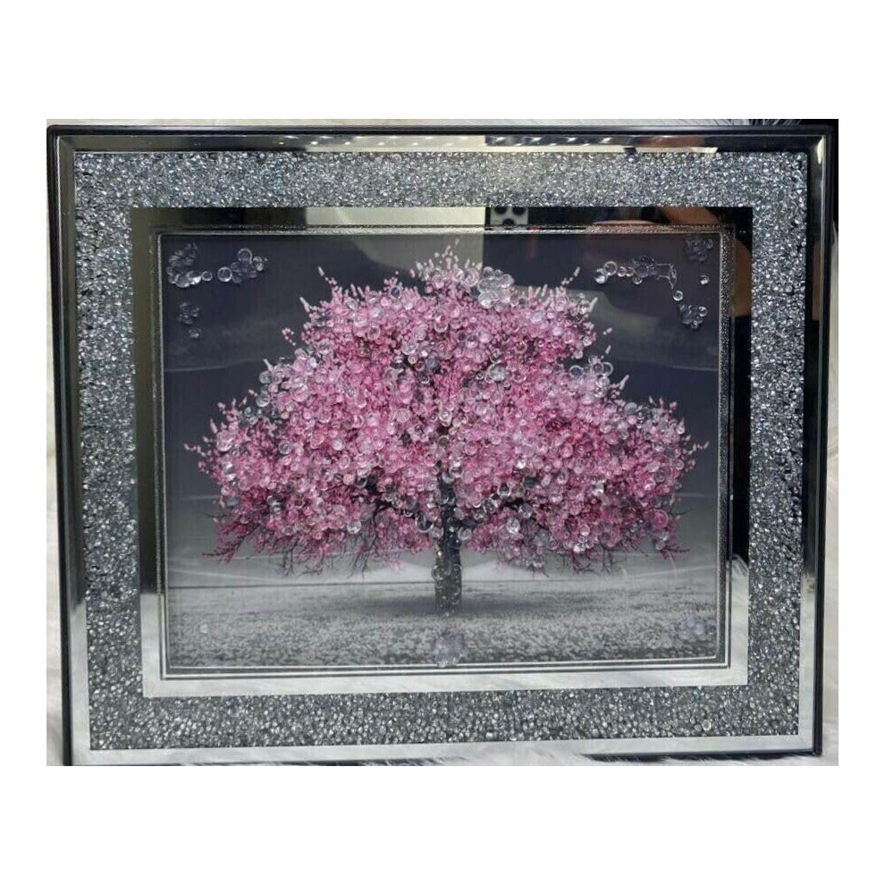Biznest Crushed Crystal Blossom Tree Modern 3D Glitter Liquid Art Crush Frame Picture Wall Art 55X45cm Silver